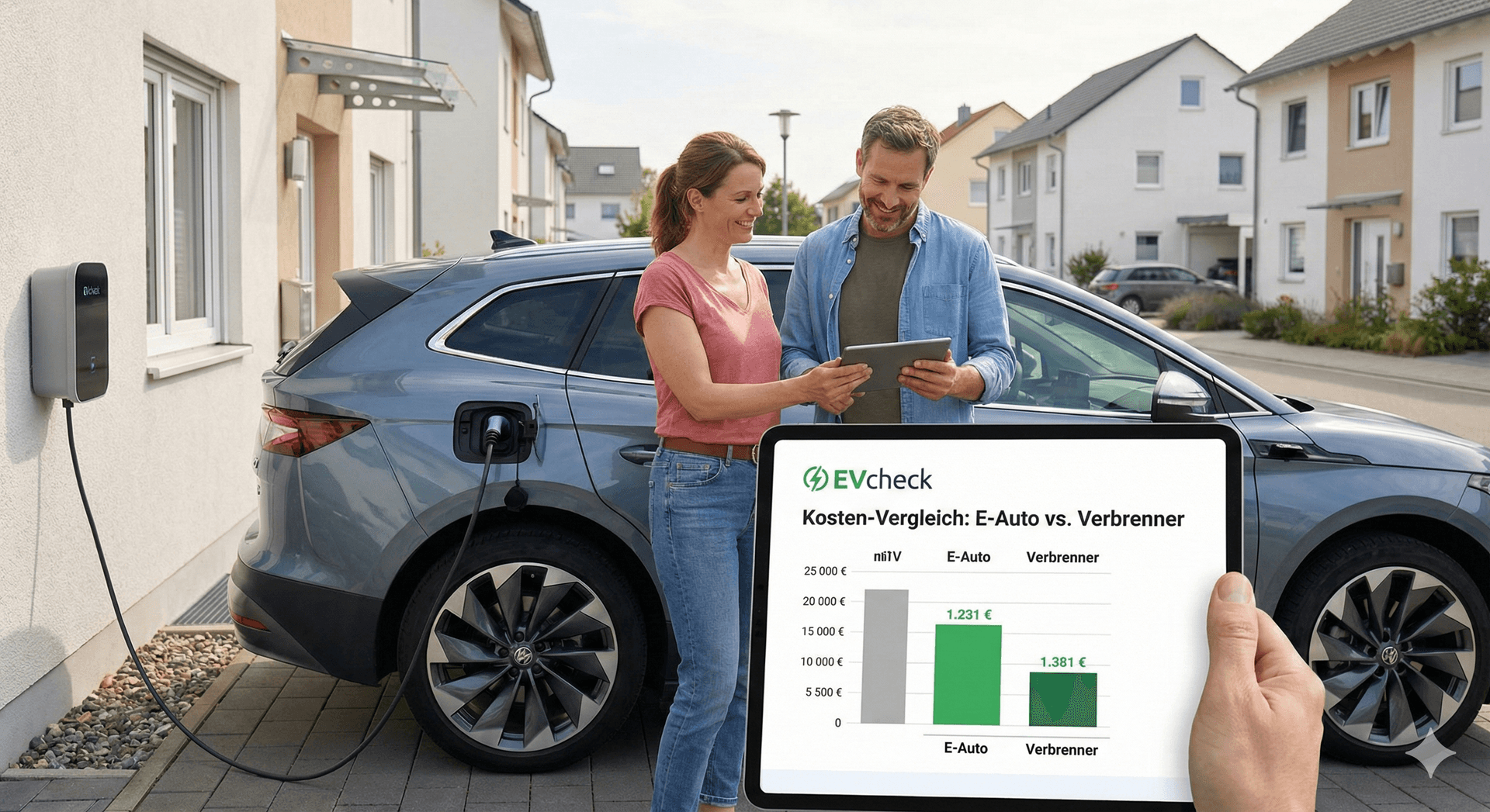 Ein Paar mittleren Alters prüft glücklich die EVcheck App auf einem Tablet vor ihrem Skoda Enyaq und ihrem Einfamilienhaus.